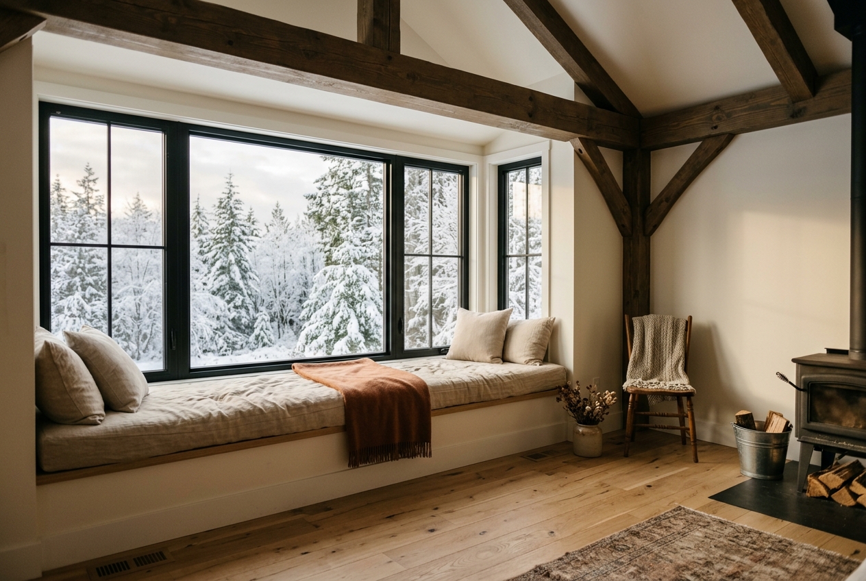 Completed room addition with wide-plank oak floors, black-framed windows, and a window seat overlooking snow-dusted forest