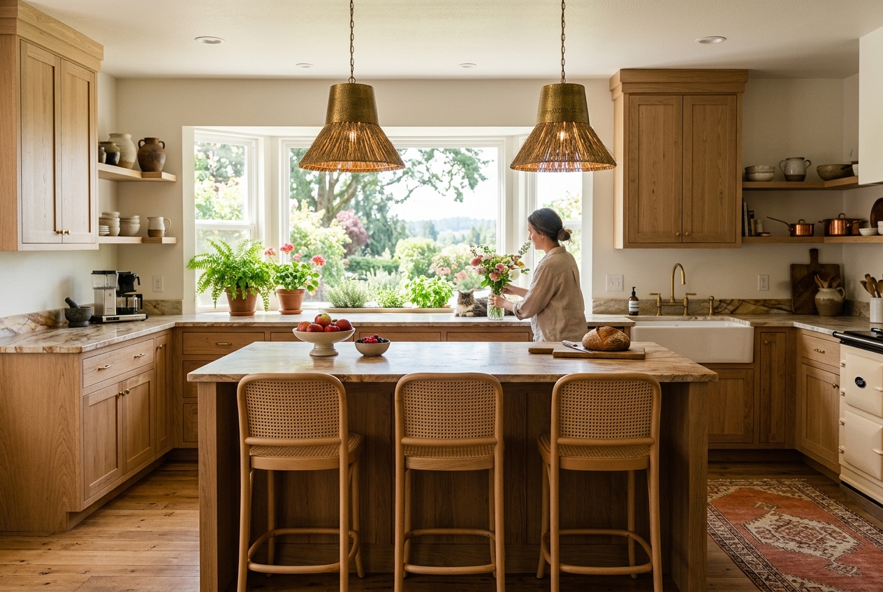 Woodburn-style farmhouse kitchen with white oak cabinetry and quartzite counters