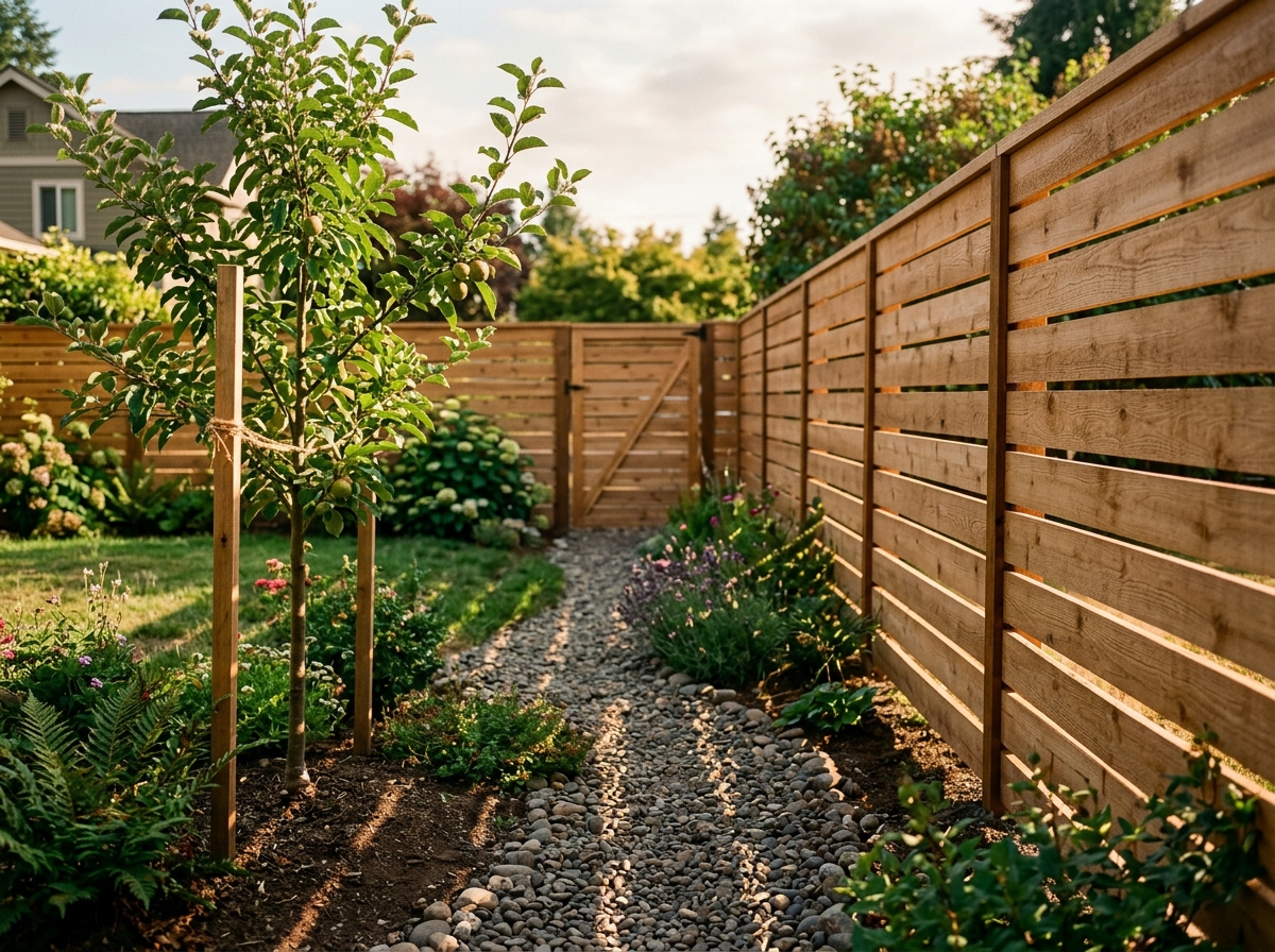 Horizontal cedar privacy fence in a suburban Oregon yard