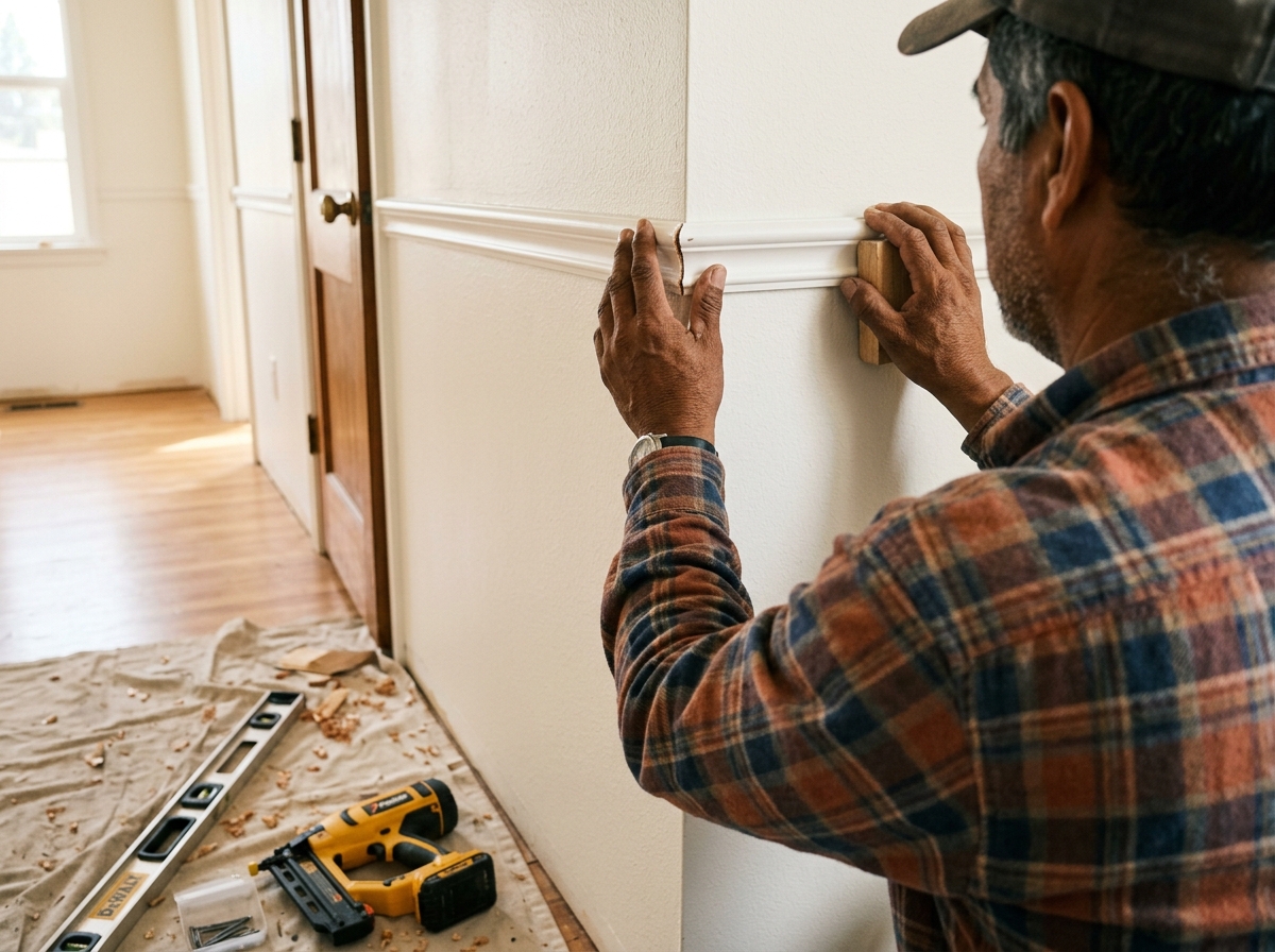 Craftsman installing interior crown molding in a freshly painted hallway