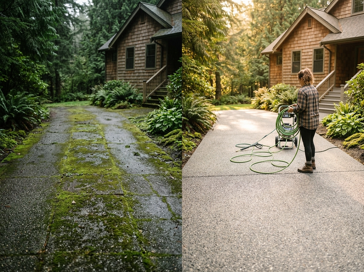 Before-and-after pressure-washed driveway